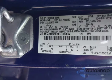 2014 Ford Escape Se from USA, damaged, VIN 1FMCU9GX8EUD05802